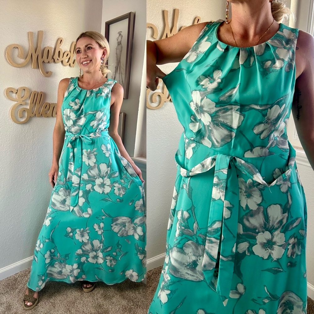 R&K Spring ready Floral Teal Maxi Dress size 14